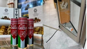 Immagine della vetrina vandalizzata nella pasticceria di Trento